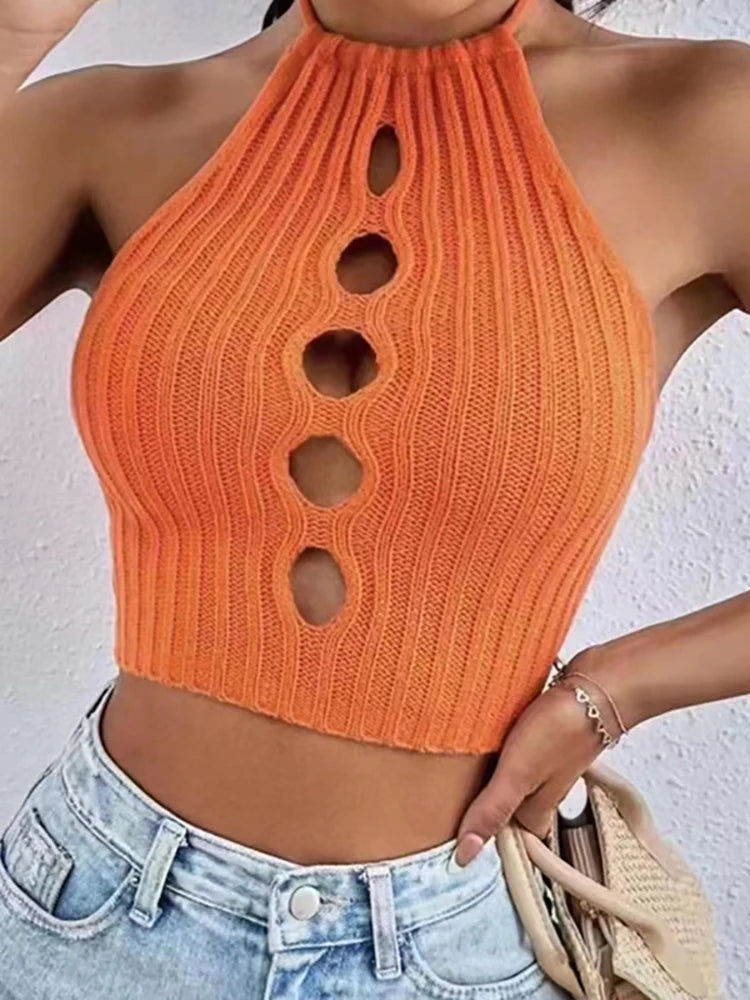 Sexy Hollow-Out Halter Crop Top – Strick Camisole im Y2K-Stil von HELIAR